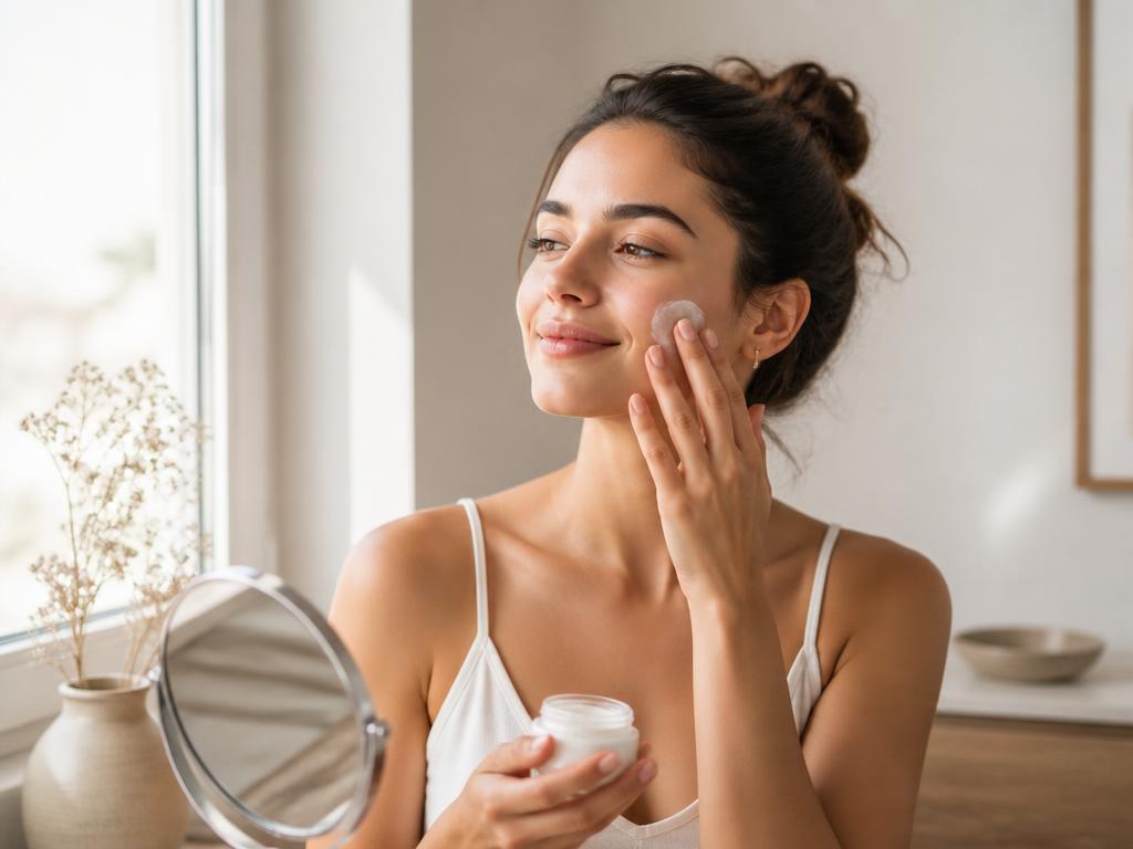 Woman applying moisturizer in morning light