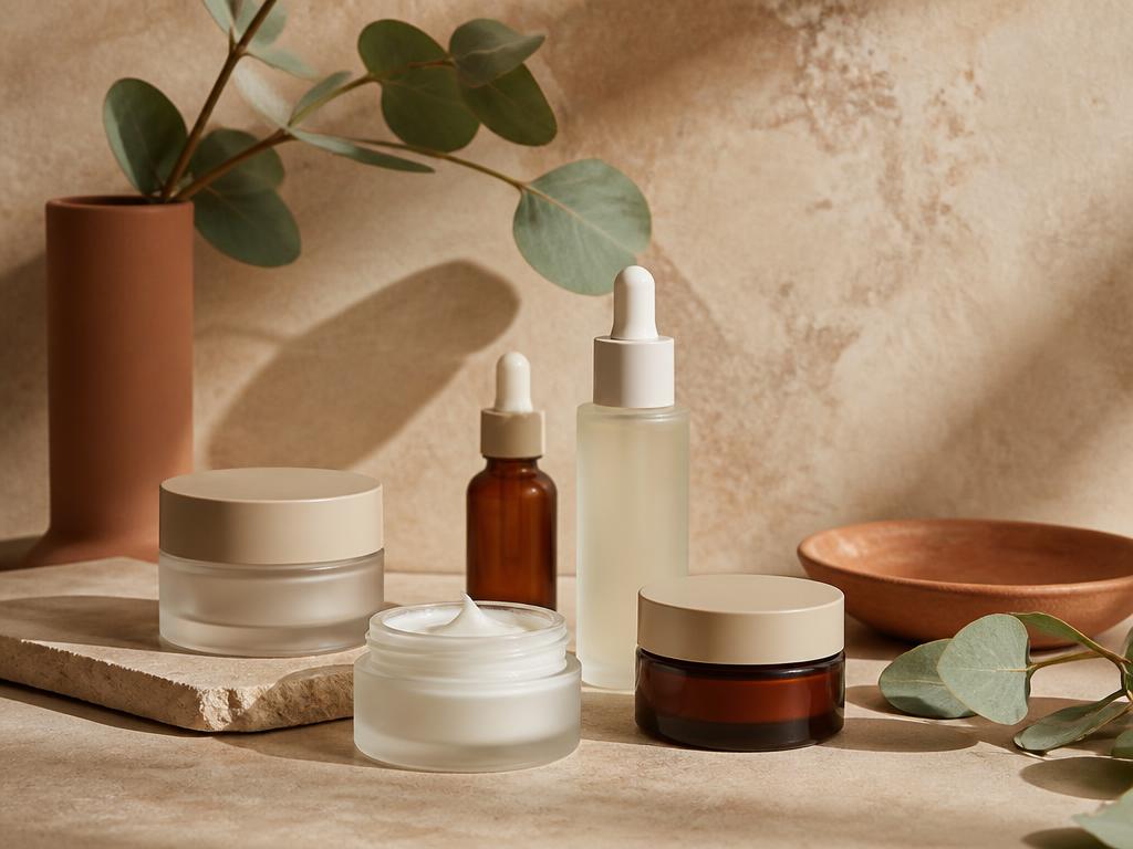 Minimal skincare bottles and jars on a stone surface